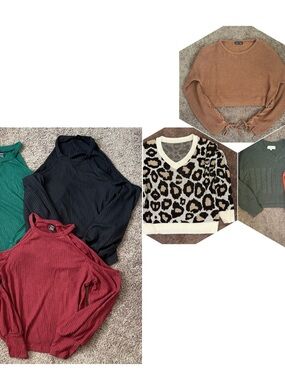 V‑Neck & Ribbed Sweater Collection - Red, Black, Green, Tan, Leopard